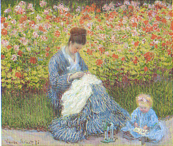 アルジャントゥイユの自宅の庭のカミーユと子供　モネ　絵ハガキ